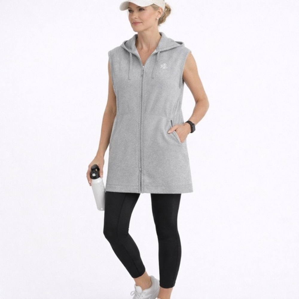Lauren Ralph Lauren Preppy Knit Gray Hooded Sleeveless Zip-Up Sporty Vest Sz XL